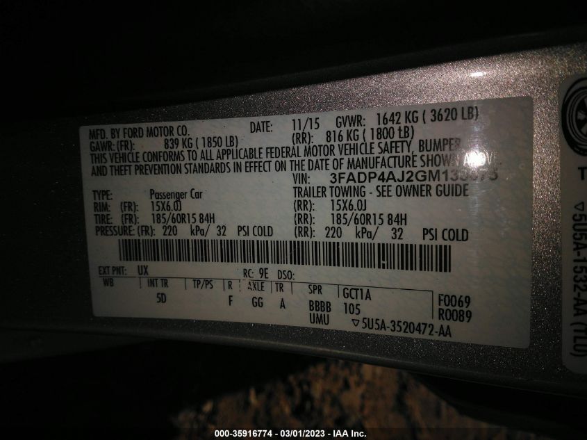 2016 FORD FIESTA S - 3FADP4AJ2GM133075