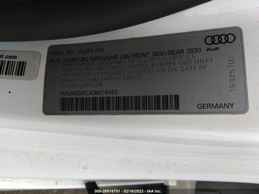 2016 AUDI A7 3.0 PREMIUM PLUS WAUWGAFC4GN016483