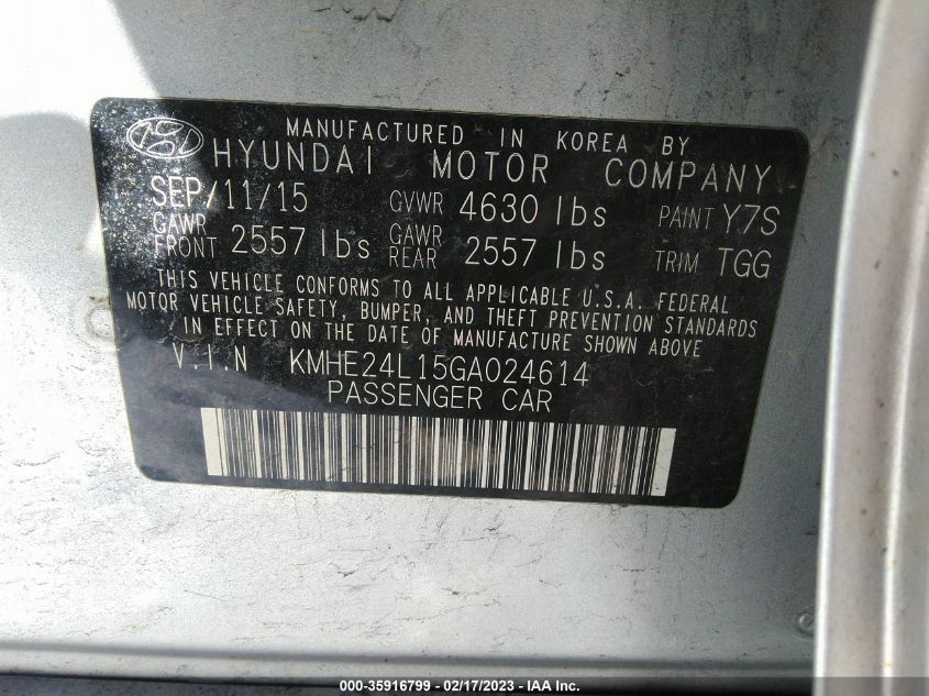 2016 HYUNDAI SONATA HYBRID SE - KMHE24L15GA024614