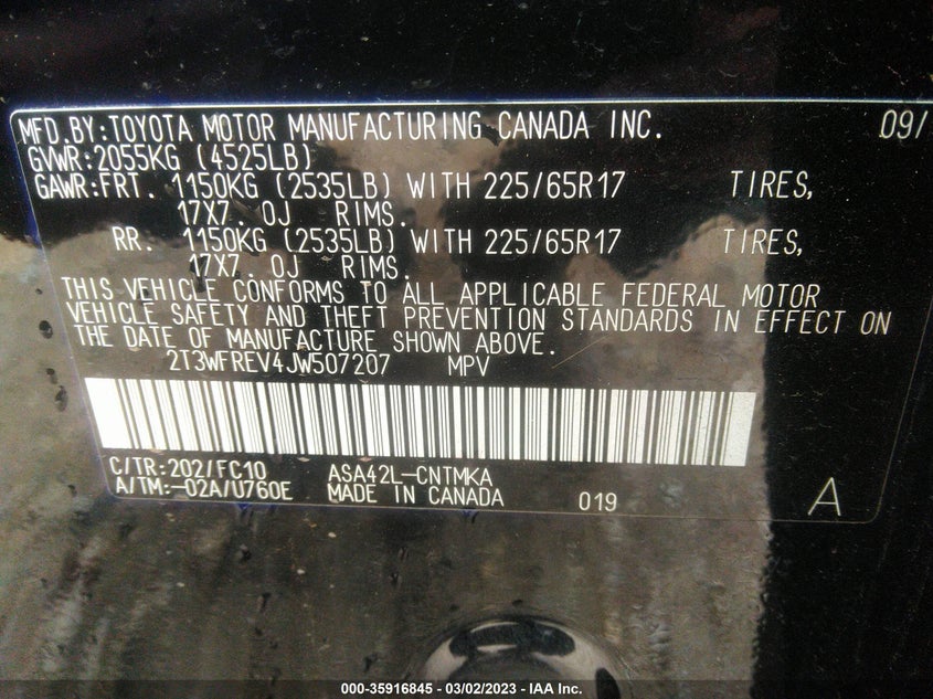 VIN 2T3WFREV4JW507207 2018 TOYOTA RAV4 XLE/ADVENTURE