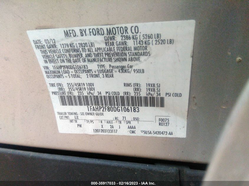 2013 FORD TAURUS LIMITED - 1FAHP2F80DG106183