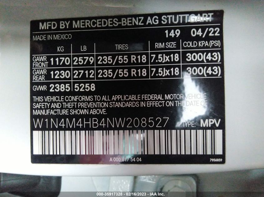 2022 MERCEDES-BENZ GLB GLB 250 W1N4M4HB4NW208527