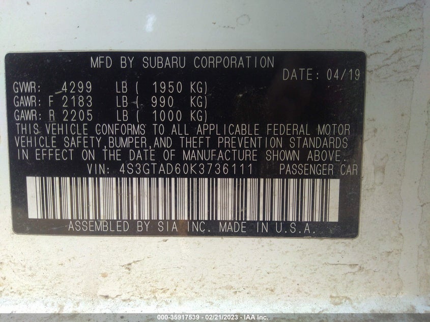 VIN 4S3GTAD60K3736111 2019 SUBARU IMPREZA PREMIUM