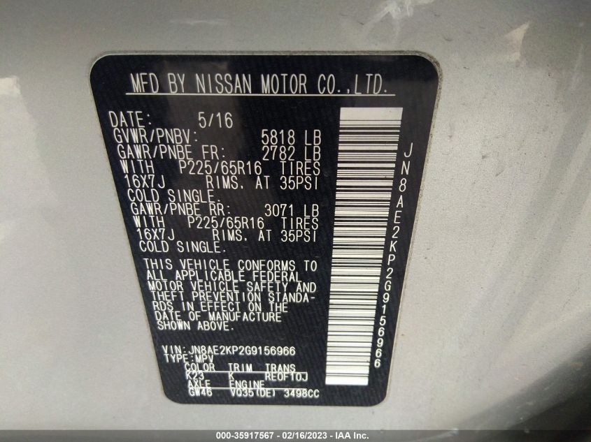 2016 NISSAN QUEST SV/S/PLATINUM/SL - JN8AE2KP2G9156966