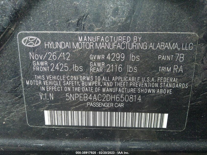 2013 HYUNDAI SONATA GLS - 5NPEB4AC2DH650814