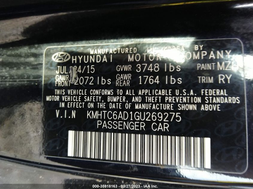 2016 HYUNDAI VELOSTER - KMHTC6AD1GU269275