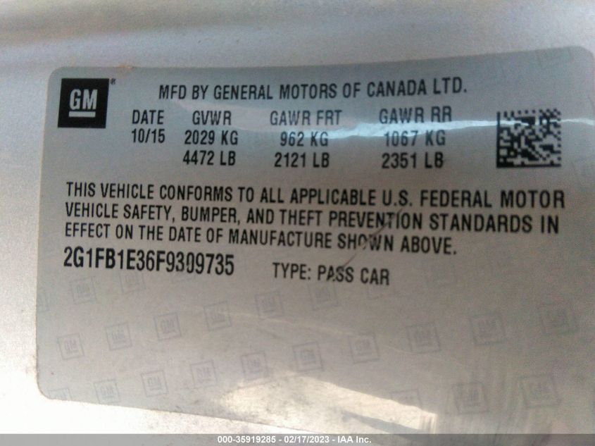 2015 CHEVROLET CAMARO LS - 2G1FB1E36F9309735