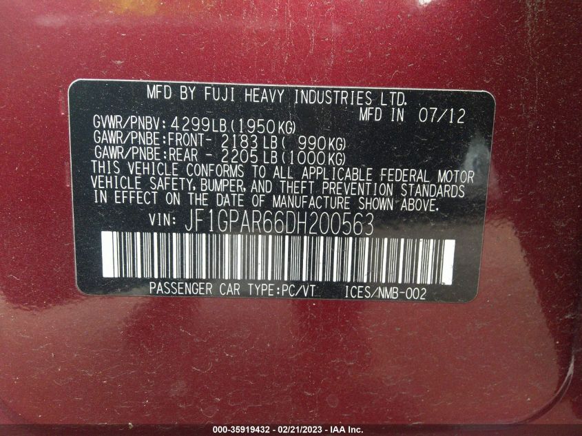 2013 SUBARU IMPREZA WAGON 2.0I SPORT LIMITED - JF1GPAR66DH200563