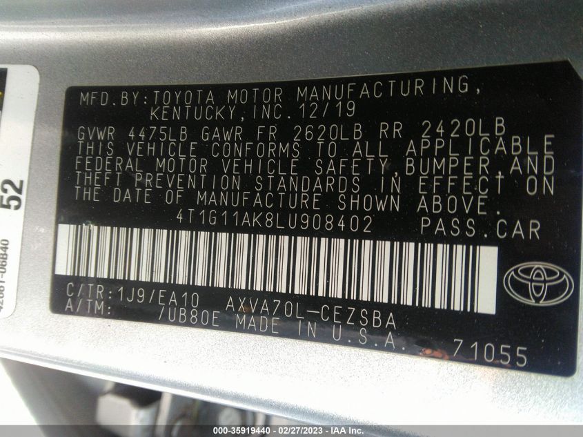 2020 TOYOTA CAMRY SE - 4T1G11AK8LU908402