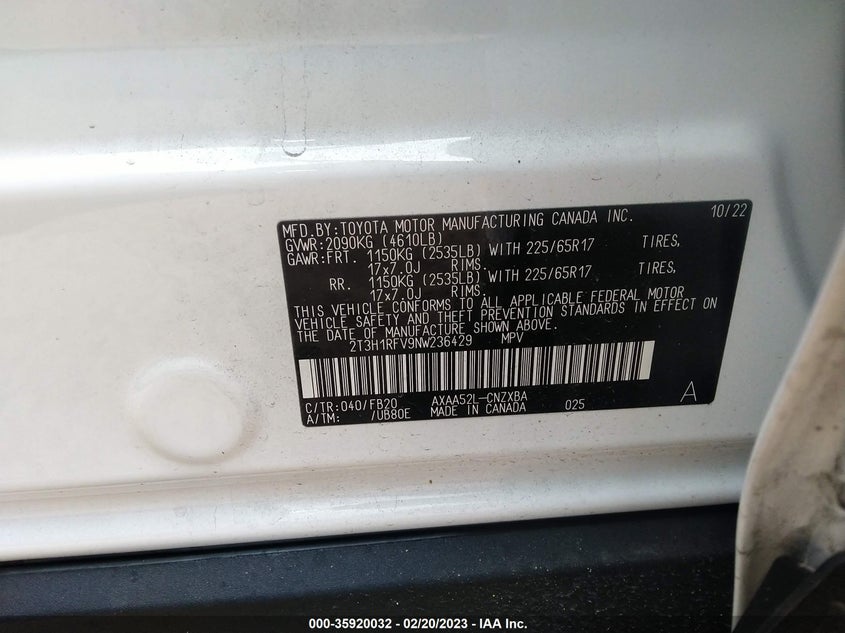 VIN 2T3H1RFV9NW236429 2022 TOYOTA RAV4 LE