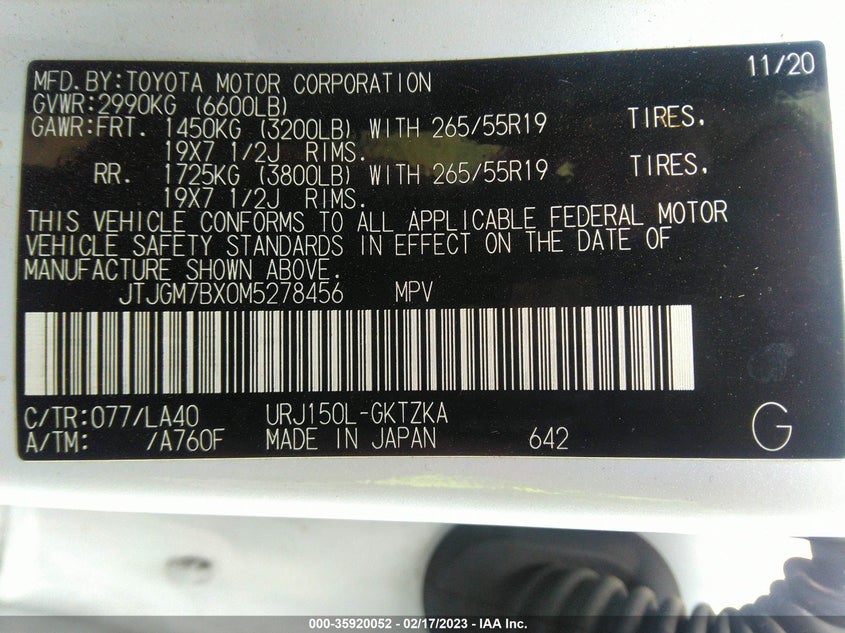 Auction sale of the 2021 LEXUS GX , vin: JTJGM7BX0M5278456, lot number: 35920052