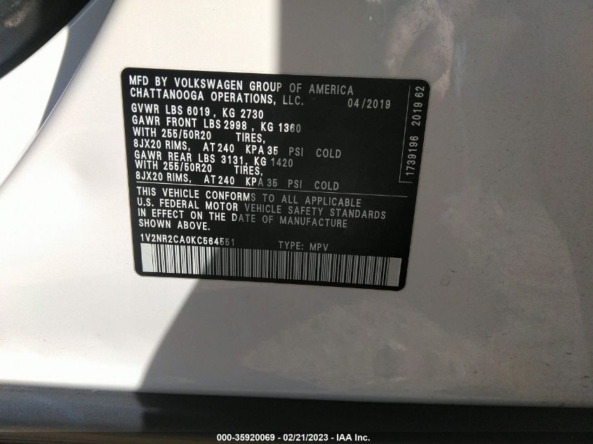 2019 VOLKSWAGEN ATLAS 3.6L V6 SEL PREMIUM - 1V2NR2CA0KC564551