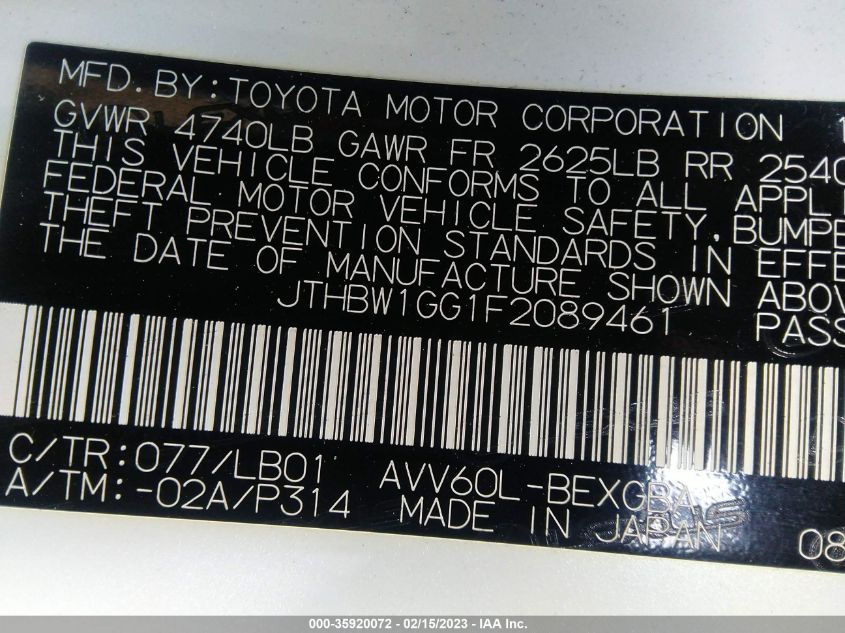 2015 LEXUS ES 300H HYBRID JTHBW1GG1F2089461