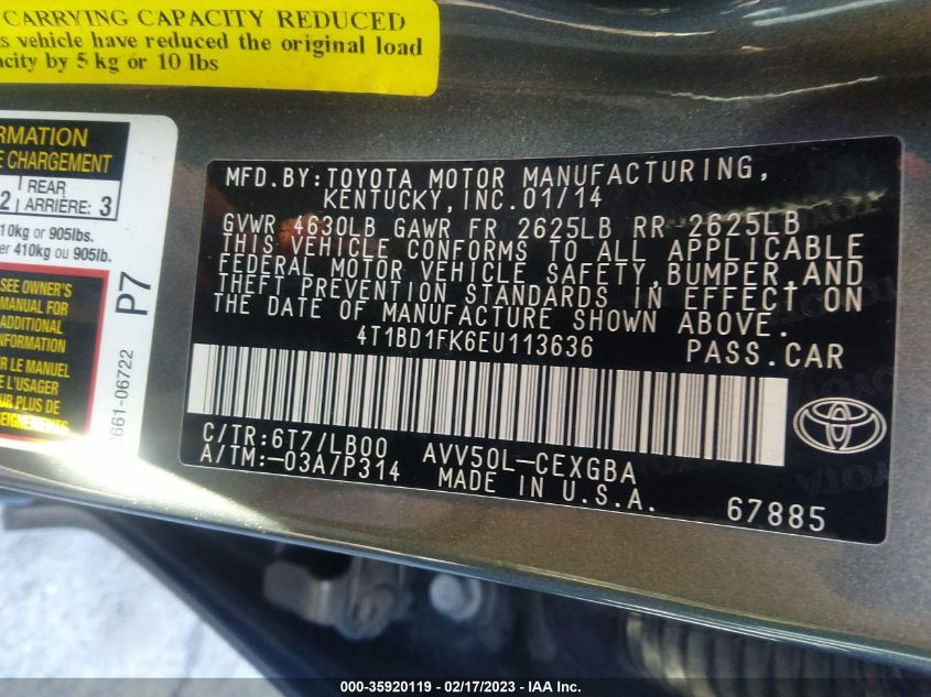 2014 TOYOTA CAMRY HYBRID LE/XLE/SE LIMITED EDITION 4T1BD1FK6EU113636