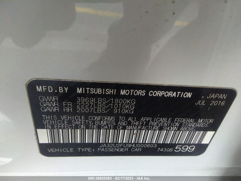 2017 MITSUBISHI LANCER ES/LE - JA32U2FU9HU000603