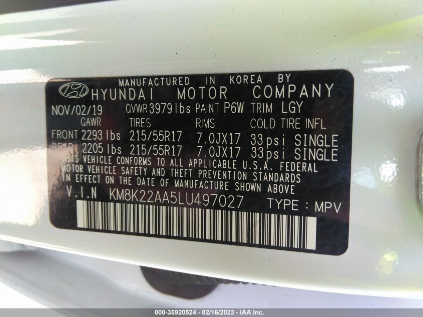 2020 HYUNDAI KONA SEL - KM8K22AA5LU497027