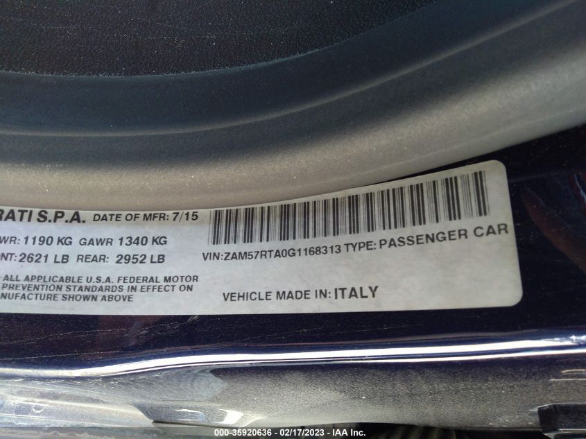 2016 MASERATI GHIBLI S Q4 ZAM57RTA0G1168313