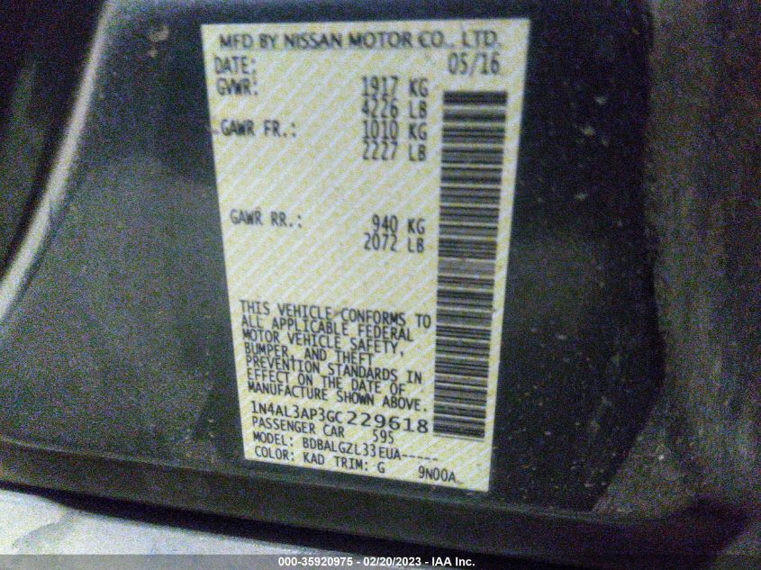 2016 NISSAN ALTIMA 2.5 - 1N4AL3AP3GC229618