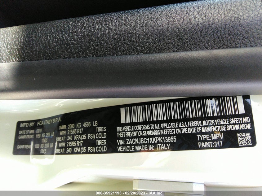 VIN ZACNJBC1XKPK13955 2019 JEEP RENEGADE TRAILHAWK