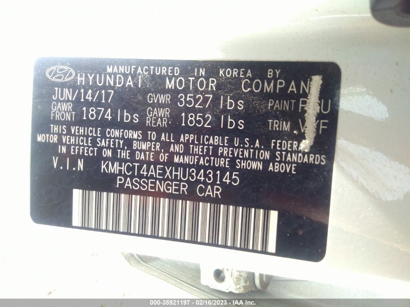 2017 HYUNDAI ACCENT VALUE EDITION - KMHCT4AEXHU343145