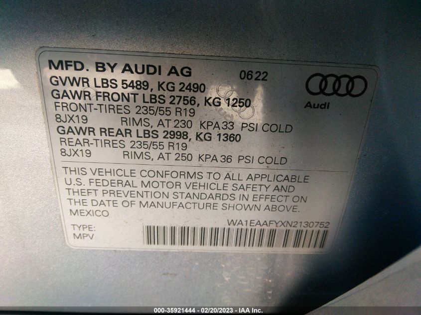 2022 AUDI Q5 S LINE PREMIUM PLUS - WA1EAAFYXN2130752