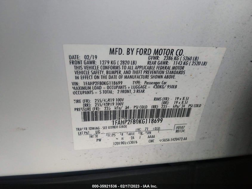 VIN 1FAHP2F80KG118699 2019 FORD TAURUS LIMITED