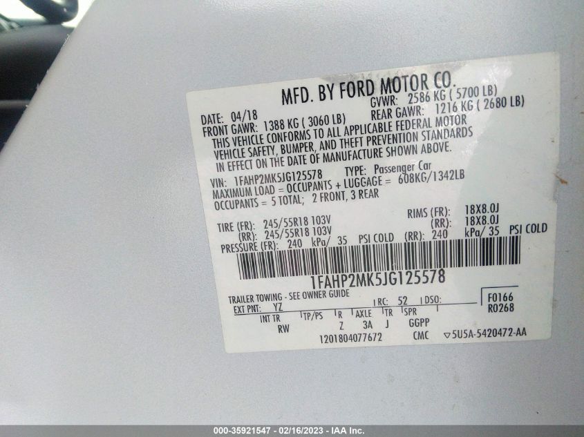 2018 FORD POLICE INTERCEPTOR SEDAN 1FAHP2MK5JG125578