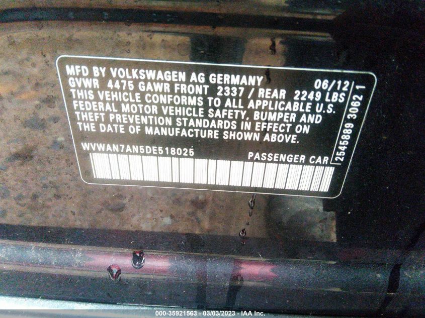 2013 VOLKSWAGEN CC SPORT - WVWAN7AN5DE518025