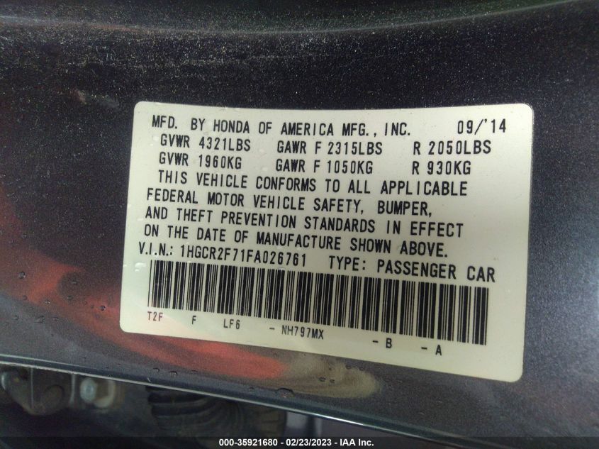 2015 HONDA ACCORD SEDAN EX - 1HGCR2F71FA026761