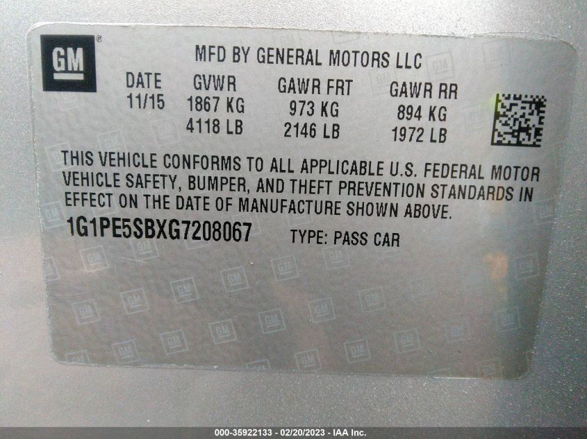 2016 CHEVROLET CRUZE LIMITED LT - 1G1PE5SBXG7208067
