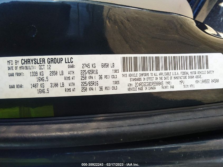 2013 DODGE GRAND CARAVAN SXT - 2C4RDGCG8DR590845