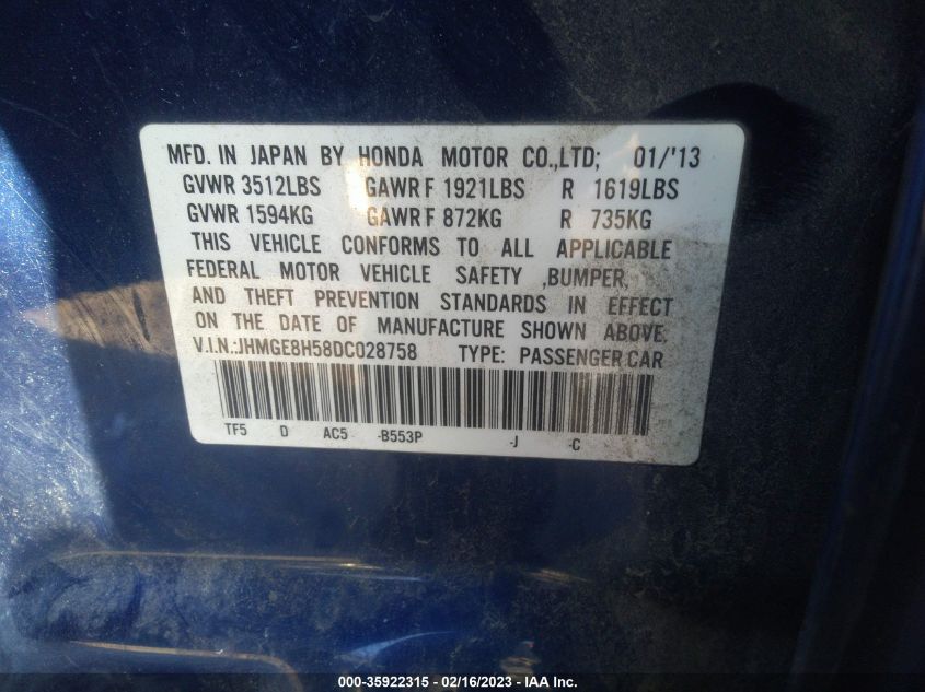 2013 HONDA FIT SPORT - JHMGE8H58DC028758