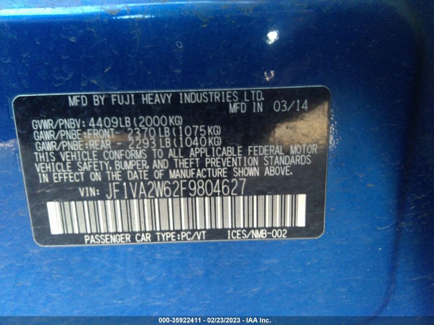 2015 SUBARU WRX STI LAUNCH EDITION JF1VA2W62F9804627