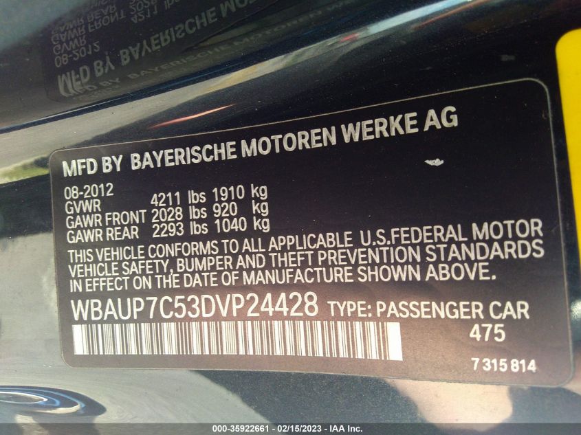 2013 BMW 1 SERIES 128I WBAUP7C53DVP24428