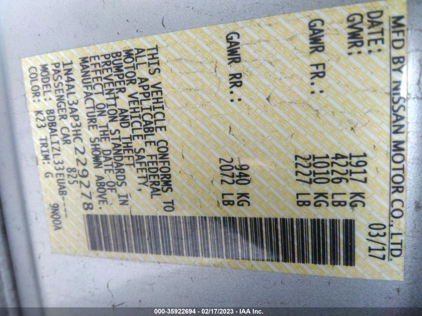 2017 NISSAN ALTIMA 2.5 SV - 1N4AL3AP3HC229278