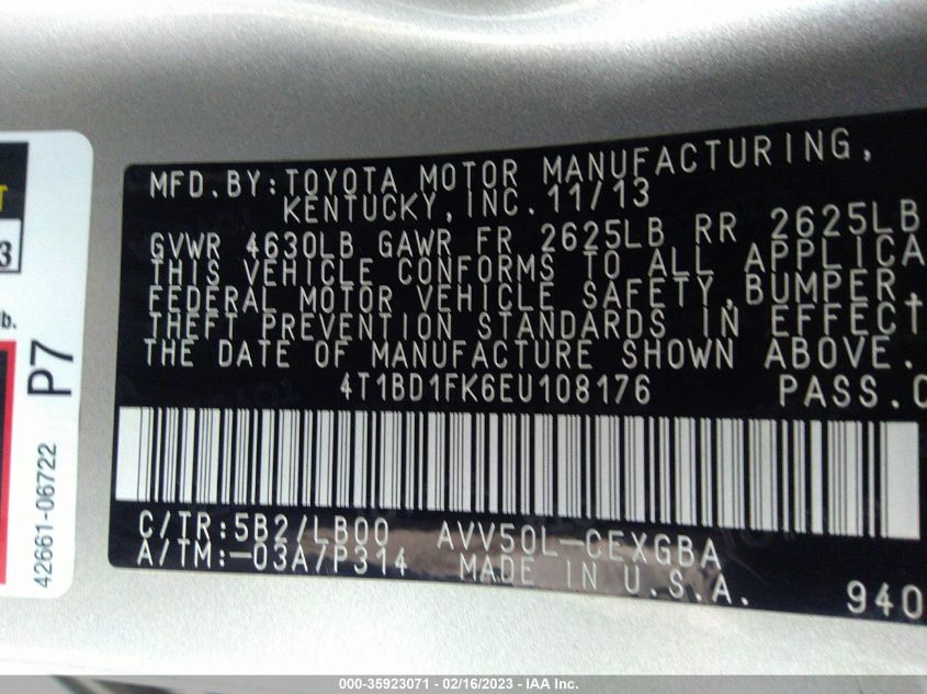 2014 TOYOTA CAMRY HYBRID LE/XLE/SE LIMITED EDITION 4T1BD1FK6EU108176