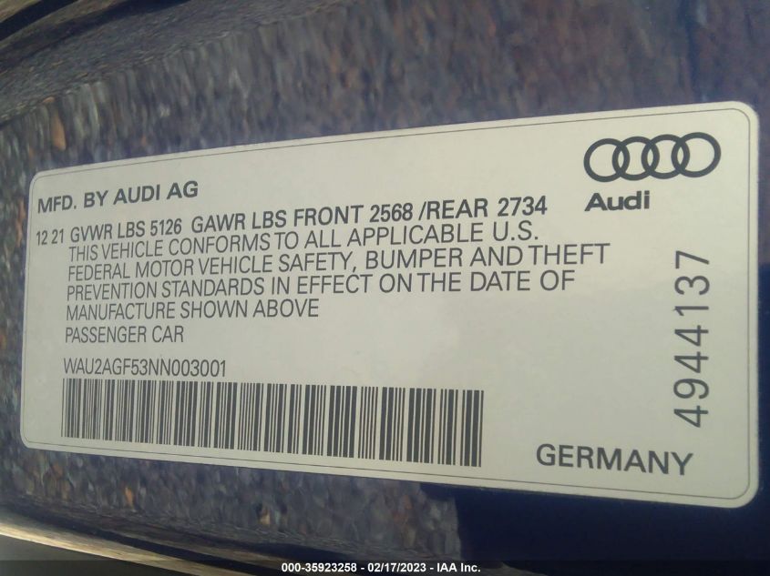 2022 AUDI A5 CABRIOLET PREMIUM - WAU2AGF53NN003001