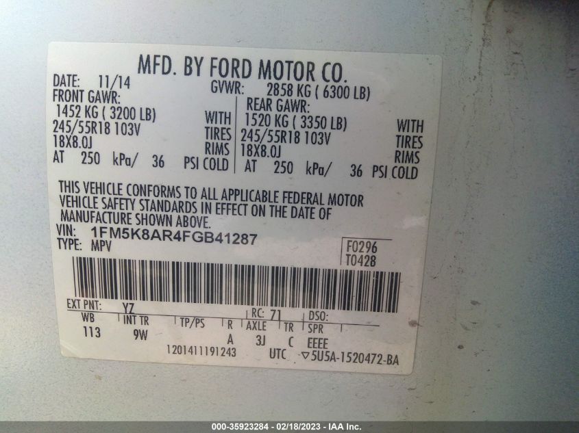 2015 FORD UTILITY POLICE 1FM5K8AR4FGB41287