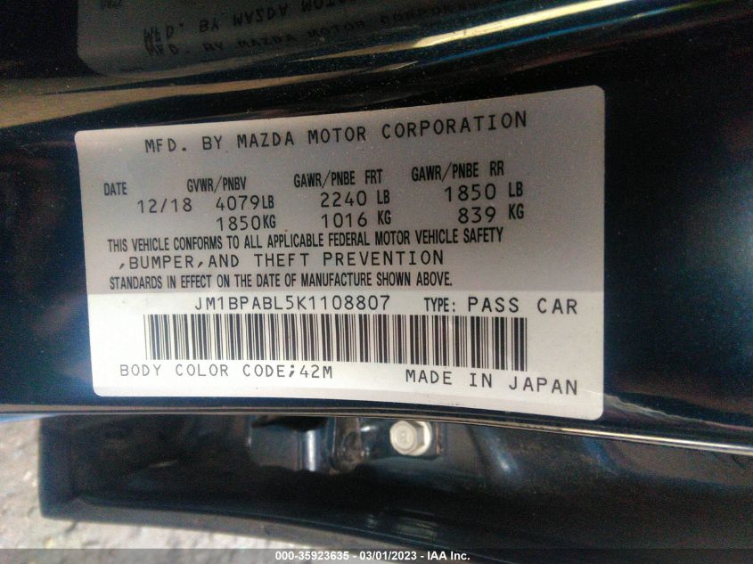 2019 MAZDA MAZDA3 SEDAN JM1BPABL5K1108807