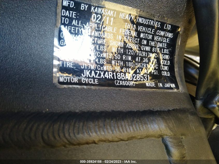 2011 KAWASAKI ZX600 R JKAZX4R18BA028531