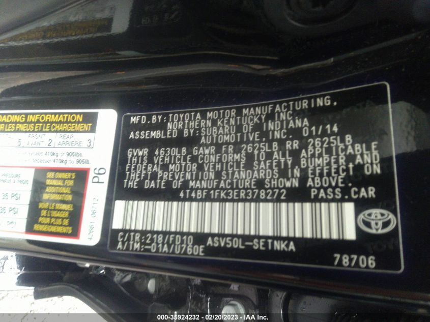 2014 TOYOTA CAMRY L/LE/XLE/SE/SE SPORT - 4T4BF1FK3ER378272
