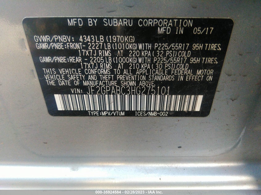 VIN JF2GPABC3HG275101 2017 SUBARU CROSSTREK PREMIUM