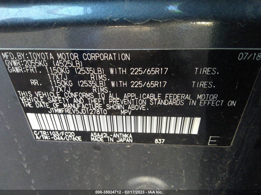 VIN JTMWFREV5JD127810 2018 TOYOTA RAV4 XLE/ADVENTURE