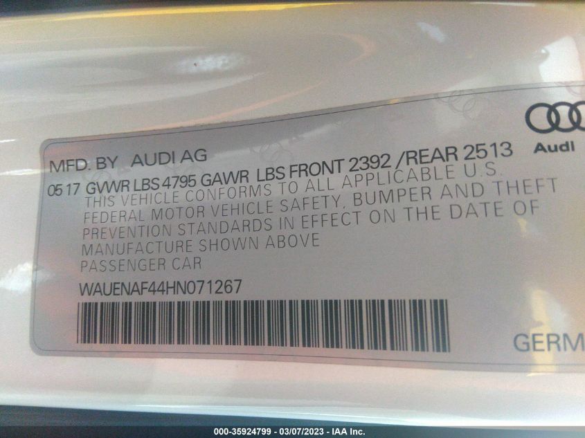 2017 AUDI A4 PREMIUM PLUS WAUENAF44HN071267