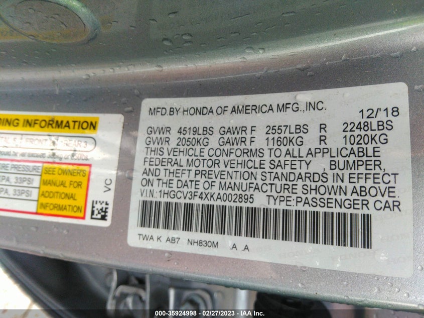 VIN 1HGCV3F4XKA002895 2019 HONDA ACCORD HYBRID EX