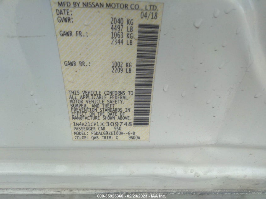 VIN 1N4AZ1CP1JC309748 2018 NISSAN LEAF SL