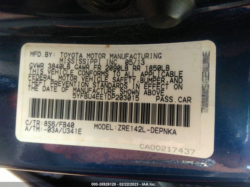 2013 TOYOTA COROLLA L/LE/S - 5YFBU4EE1DP203015