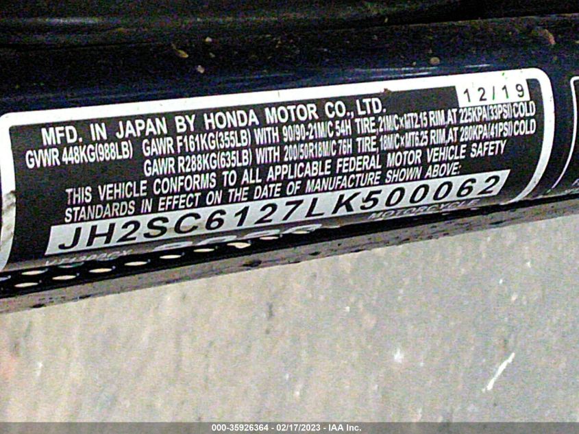 2020 HONDA VT1300 CX JH2SC6127LK500062