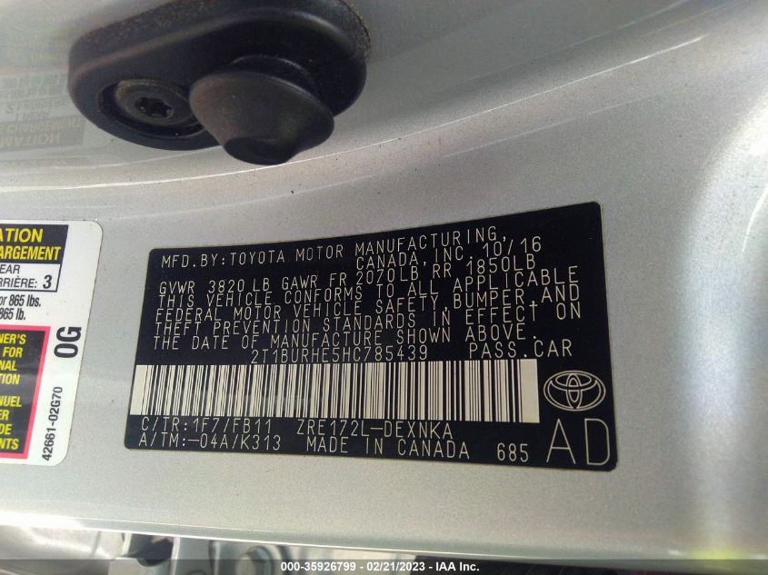 2017 TOYOTA COROLLA L/LE/XLE/SE - 2T1BURHE5HC785439