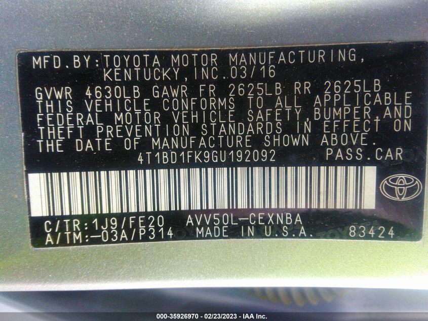2016 TOYOTA CAMRY HYBRID LE/XLE/SE - 4T1BD1FK9GU192092